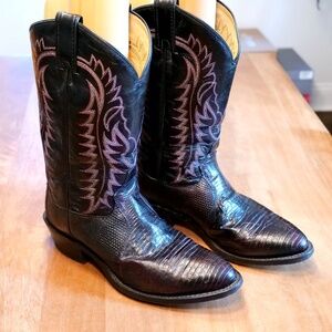 Tony Lama Black Lizard Cowboy Boots with Pink Embroidery, 9.5 — Used